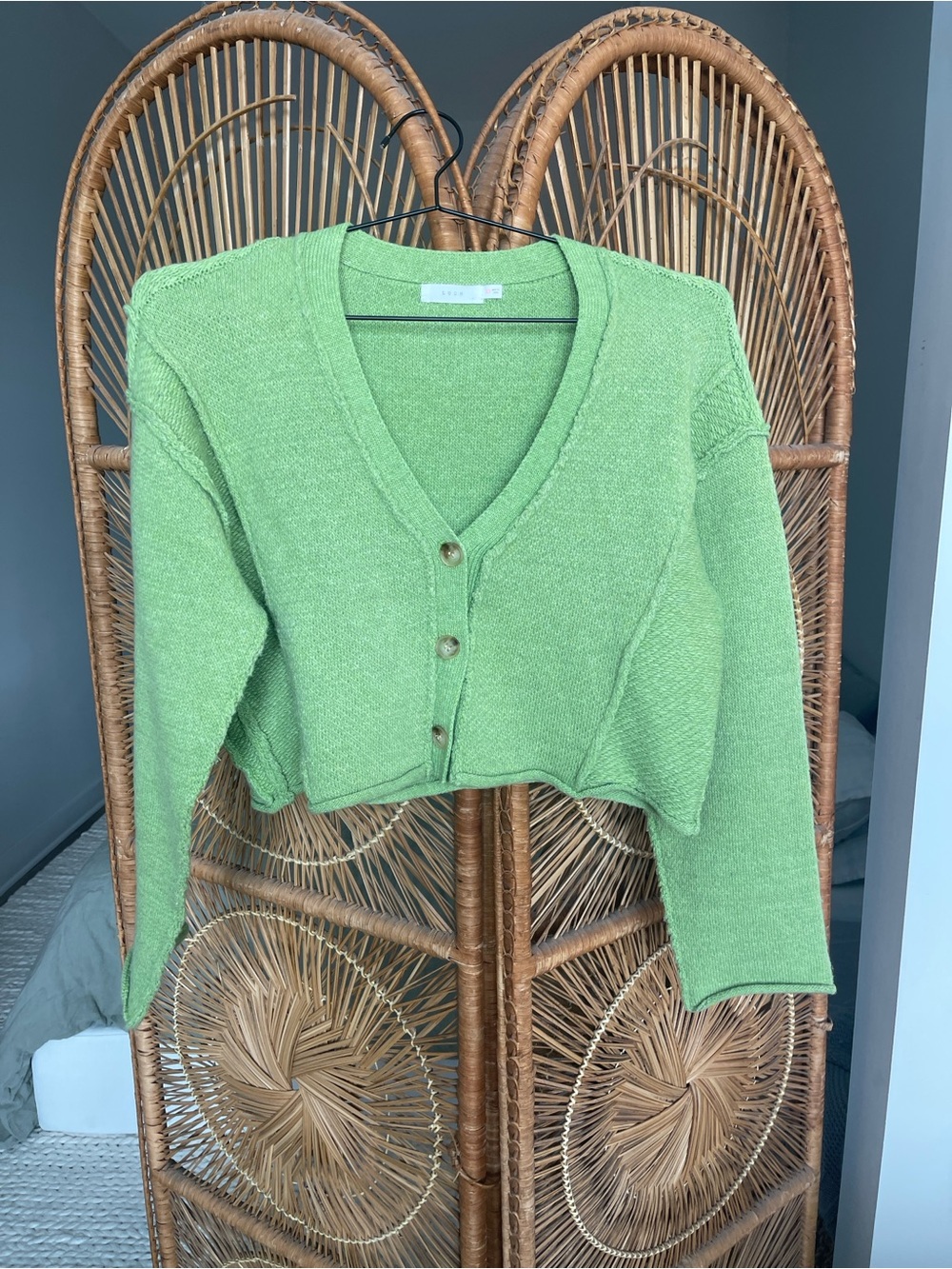 Lush Cropped V-Neck Button Front Sweater Cardigan in Salad Greens - Picture 2 of 8
